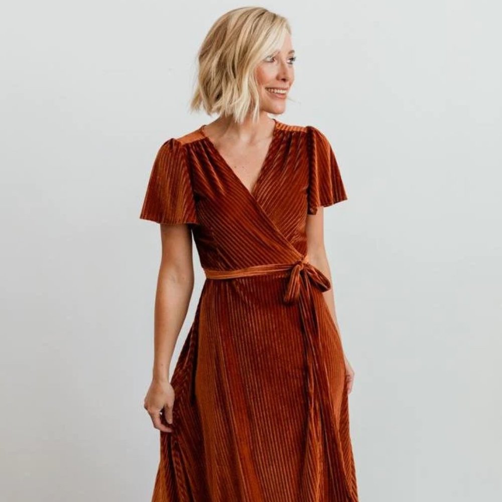 Baltic Born - Andi Ribbed Velvet Wrap Dress in Copper - Size Large